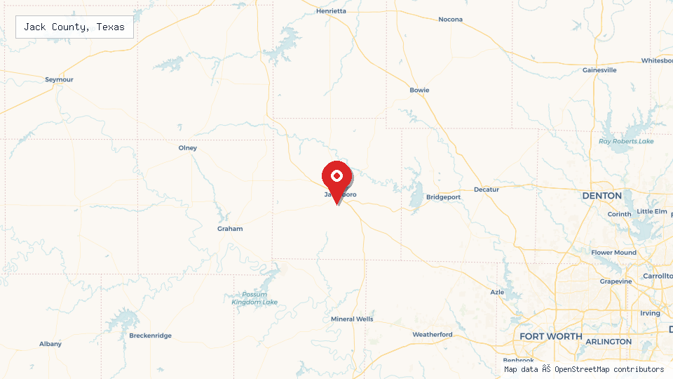 Street map of Jack County, Texas with location pin