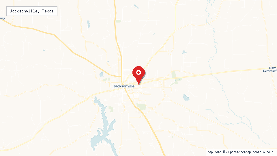 Street map of Jacksonville, Texas with location pin