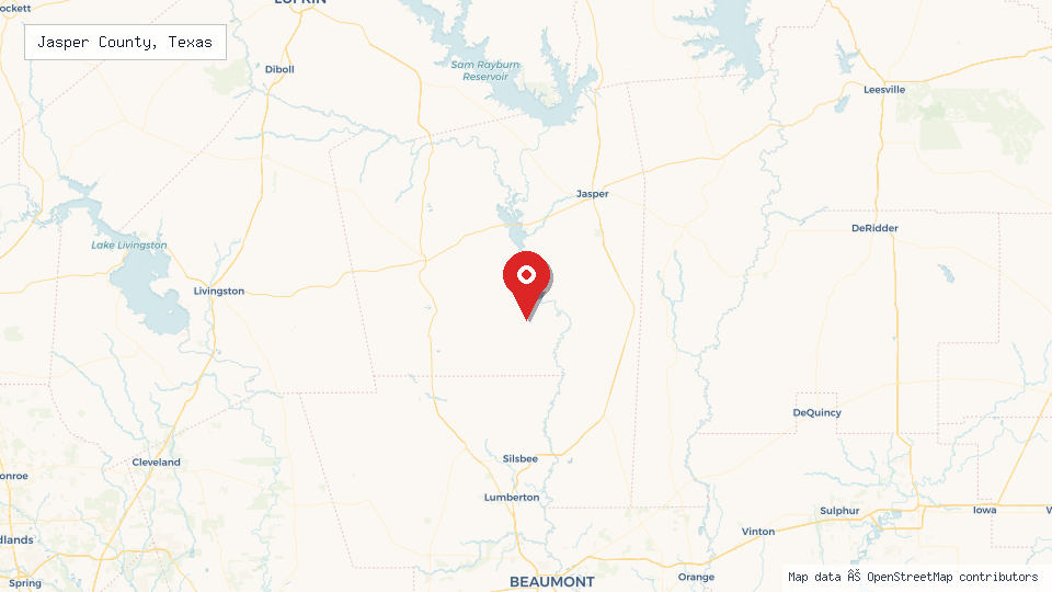 Street map of Jasper County, Texas with location pin