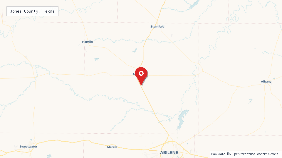 Street map of Jones County, Texas with location pin