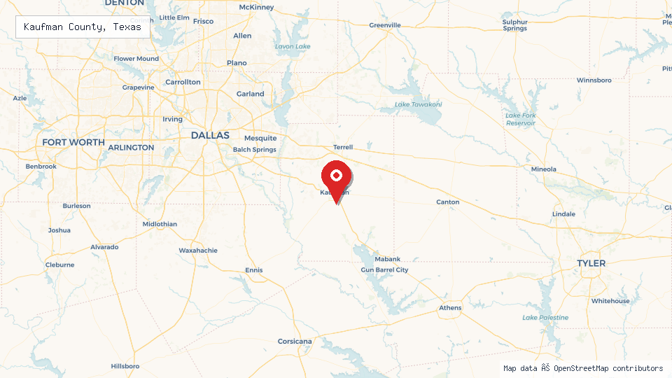 Street map of Kaufman County, Texas with location pin