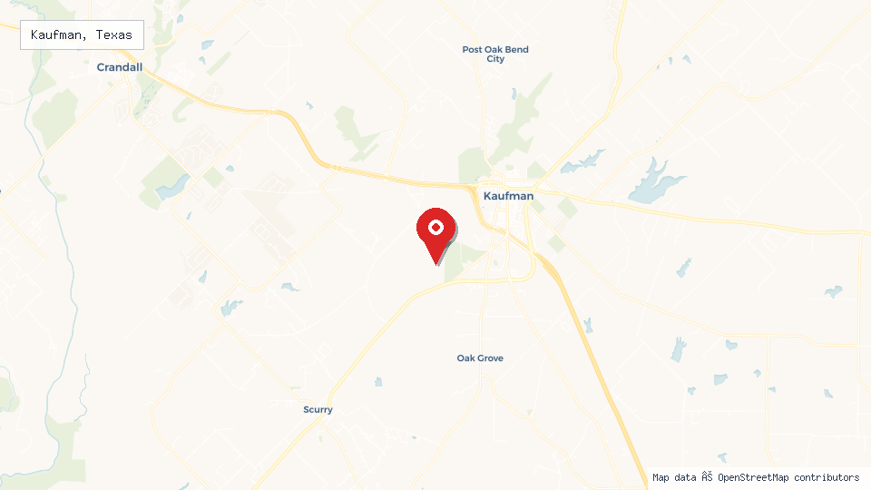 Street map of Kaufman, Texas with location pin