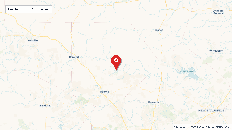 Street map of Kendall County, Texas with location pin
