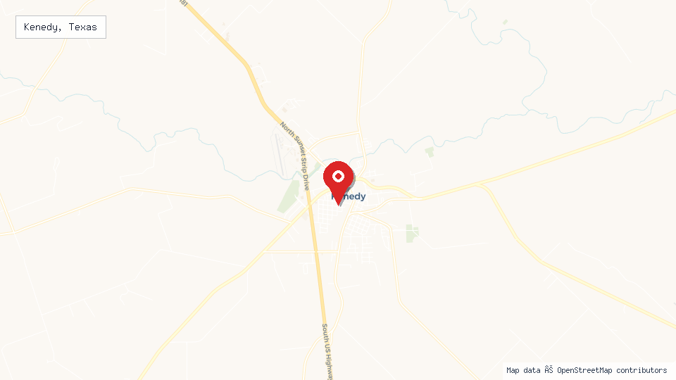 Street map of Kenedy, Texas with location pin