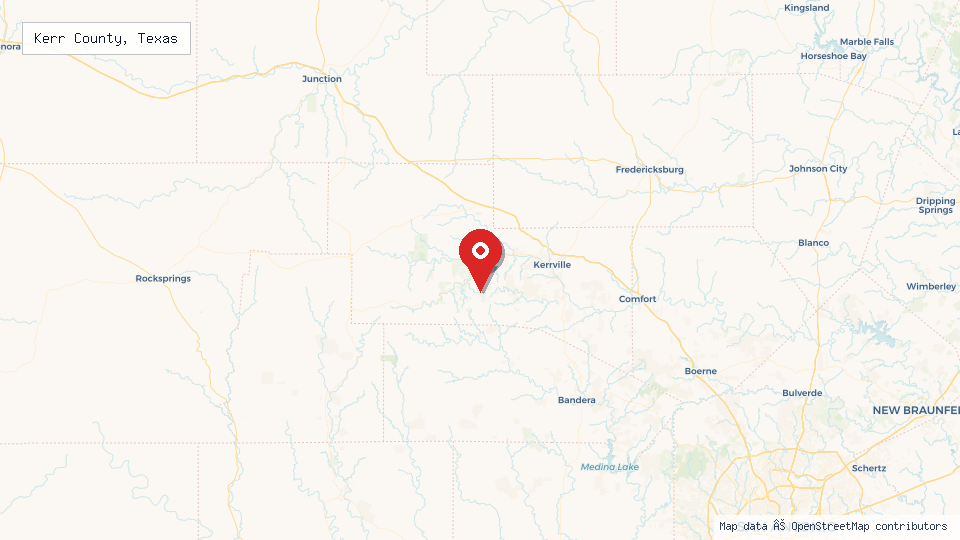 Street map of Kerr County, Texas with location pin