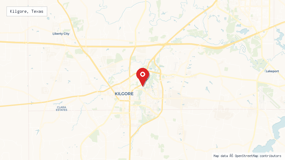 Street map of Kilgore, Texas with location pin