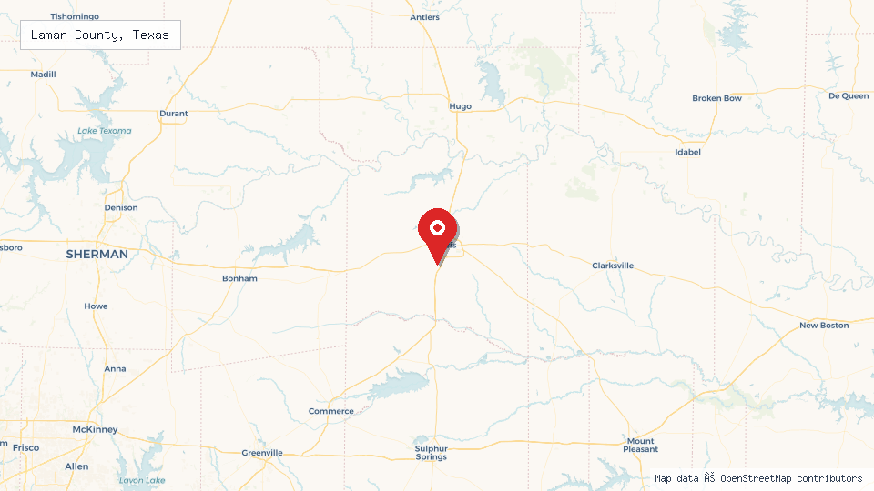 Street map of Lamar County, Texas with location pin