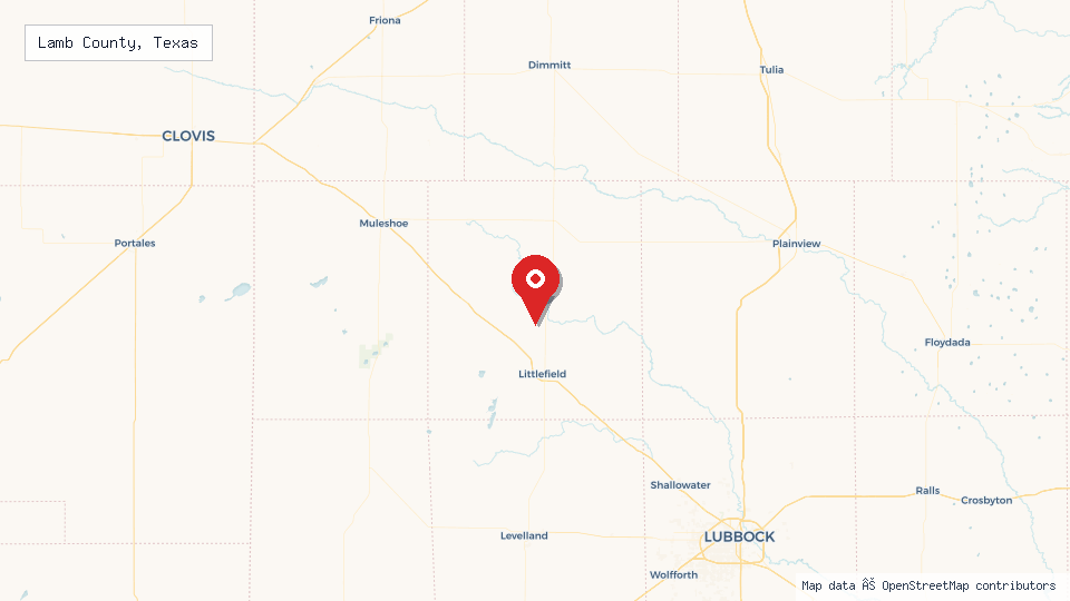 Street map of Lamb County, Texas with location pin