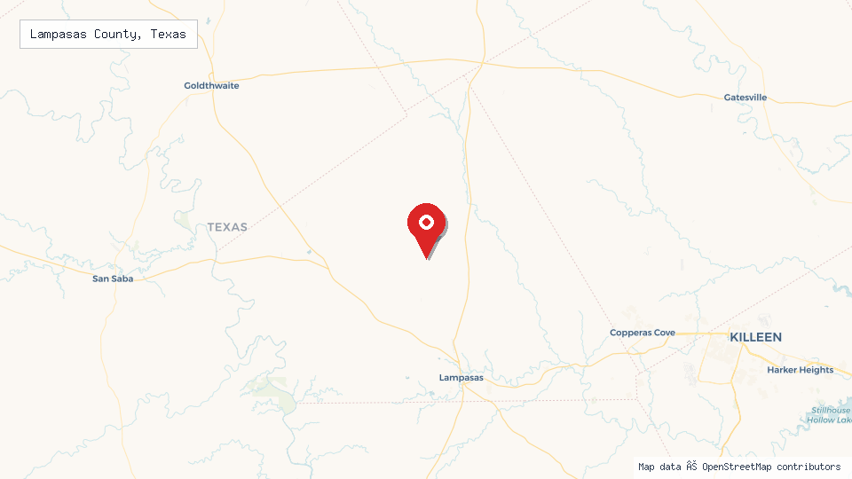 Street map of Lampasas County, Texas with location pin