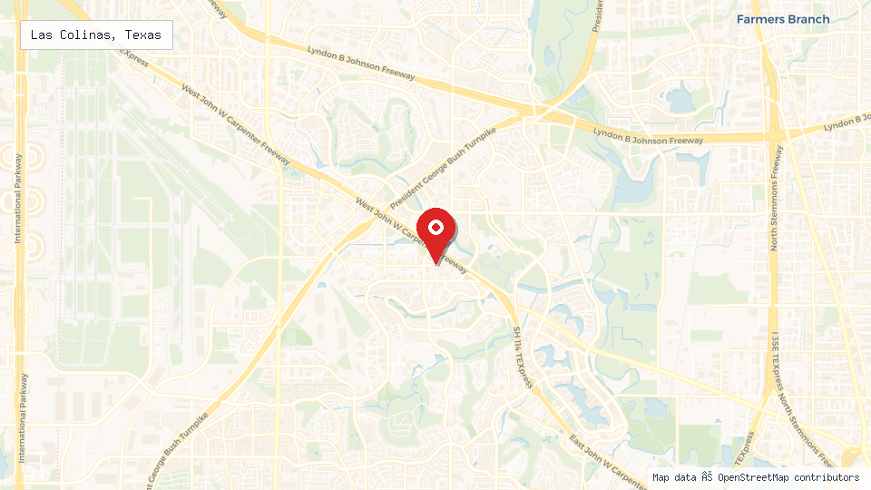 Street map of Las Colinas, Texas with location pin