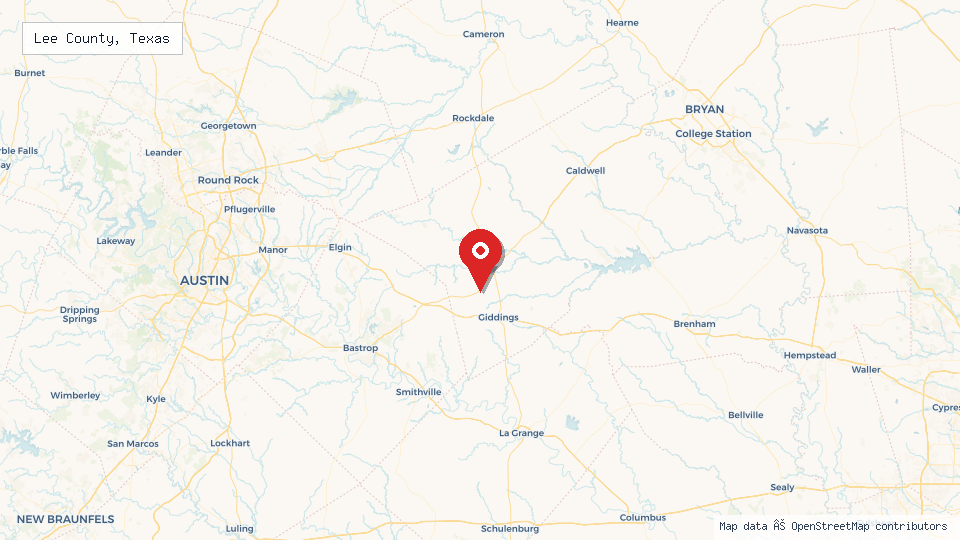 Street map of Lee County, Texas with location pin