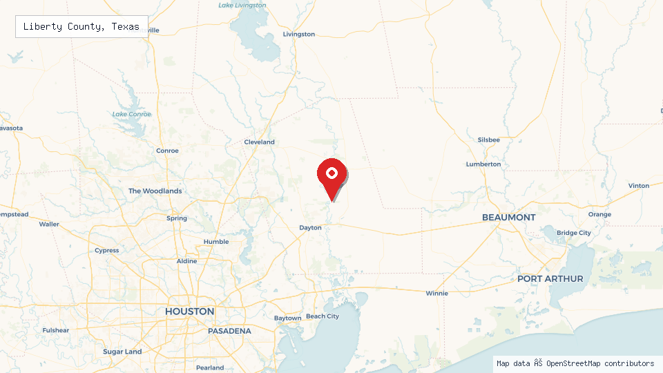 Street map of Liberty County, Texas with location pin