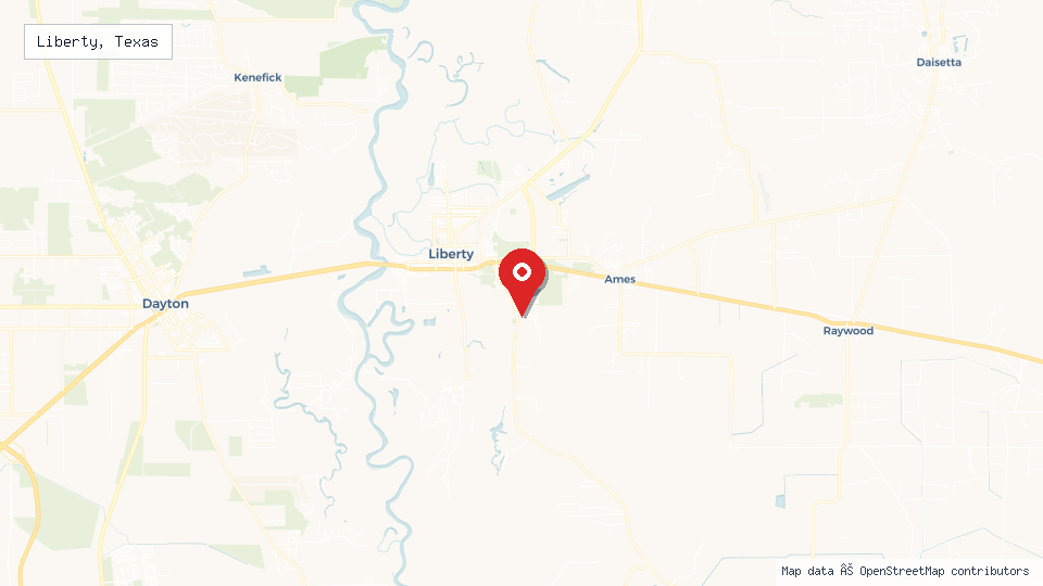 Street map of Liberty, Texas with location pin