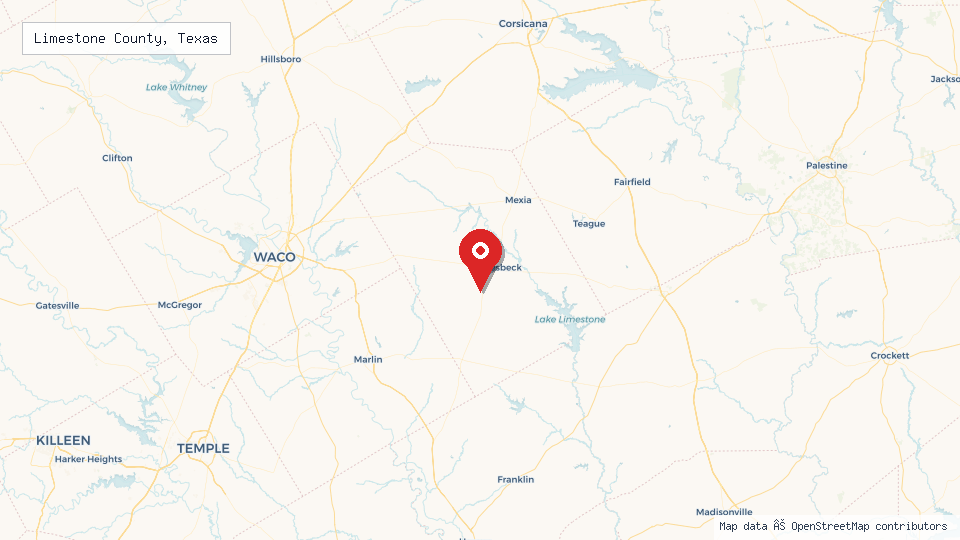 Street map of Limestone County, Texas with location pin