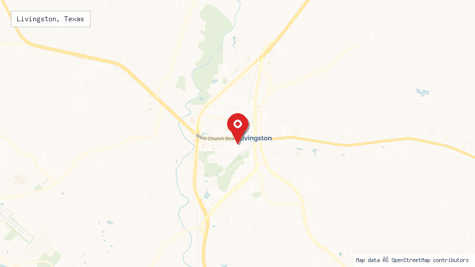 Street map of Livingston, Texas with location pin