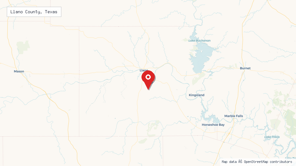 Street map of Llano County, Texas with location pin