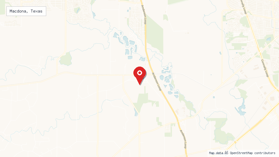 Street map of Macdona, Texas with location pin