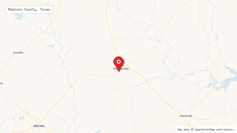 Street map of Madison County, Texas with location pin