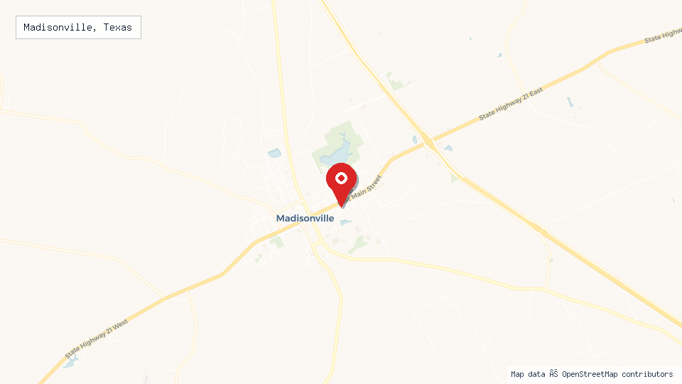 Street map of Madisonville, Texas with location pin