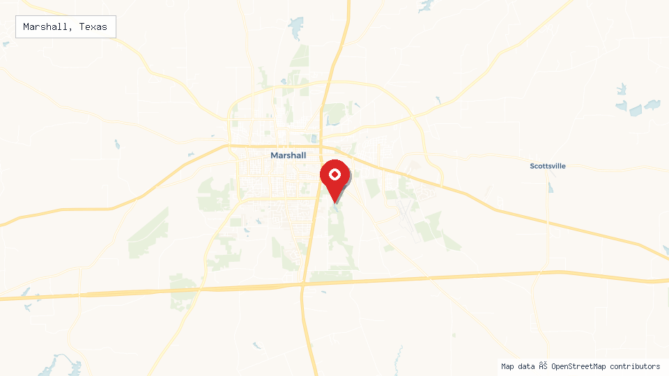 Street map of Marshall, Texas with location pin