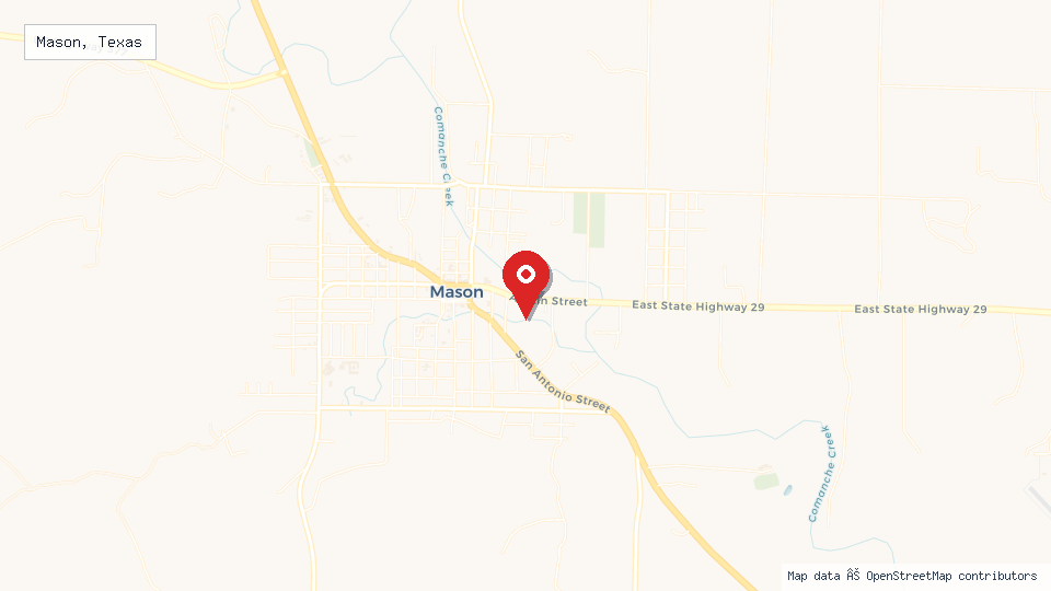 Street map of Mason, Texas with location pin