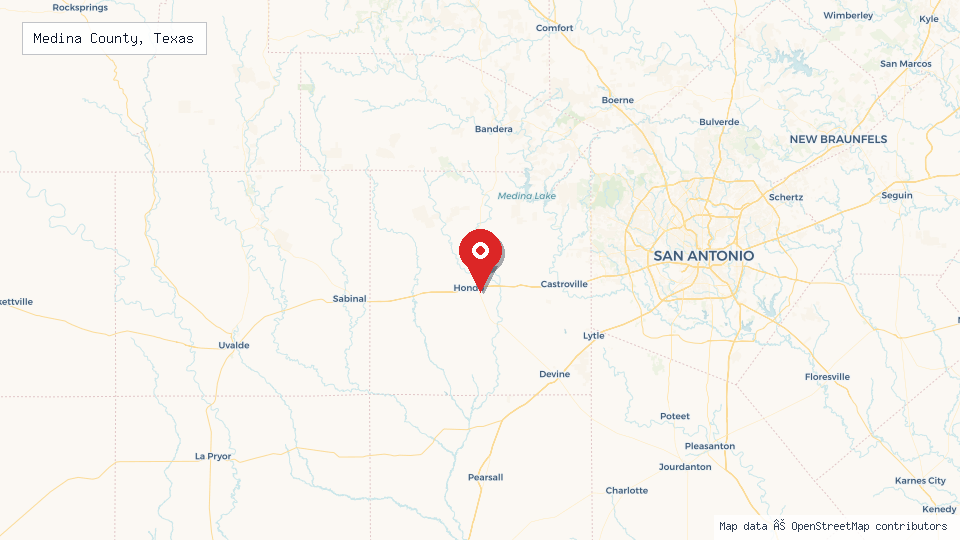 Street map of Medina County, Texas with location pin