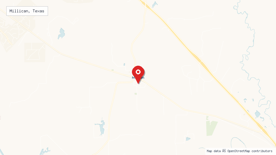 Street map of Millican, Texas with location pin
