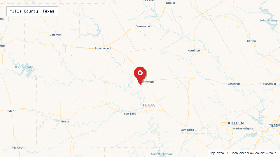 Street map of Mills County, Texas with location pin