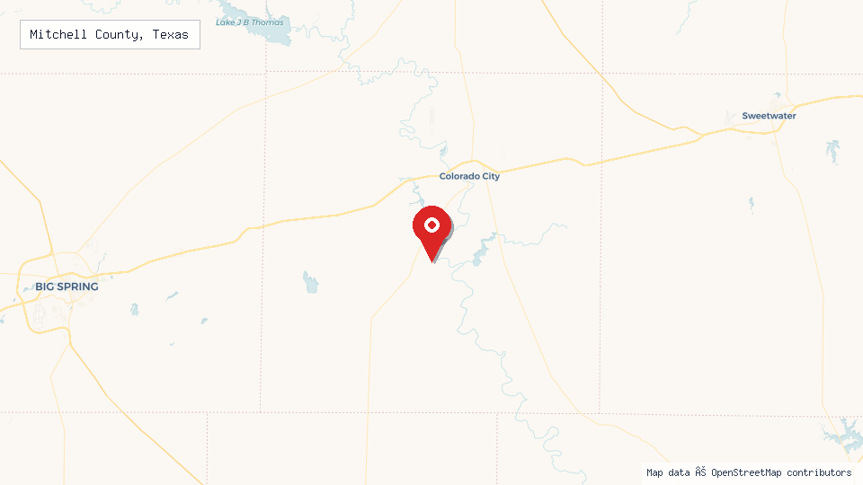 Street map of Mitchell County, Texas with location pin