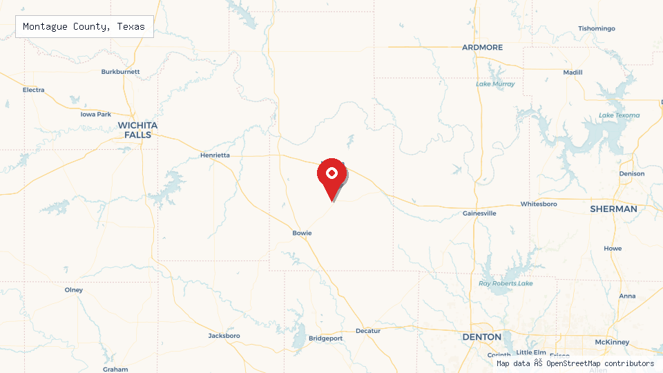 Street map of Montague County, Texas with location pin