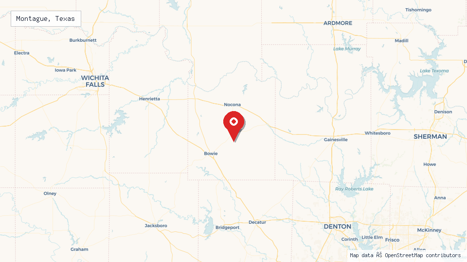 Street map of Montague, Texas with location pin