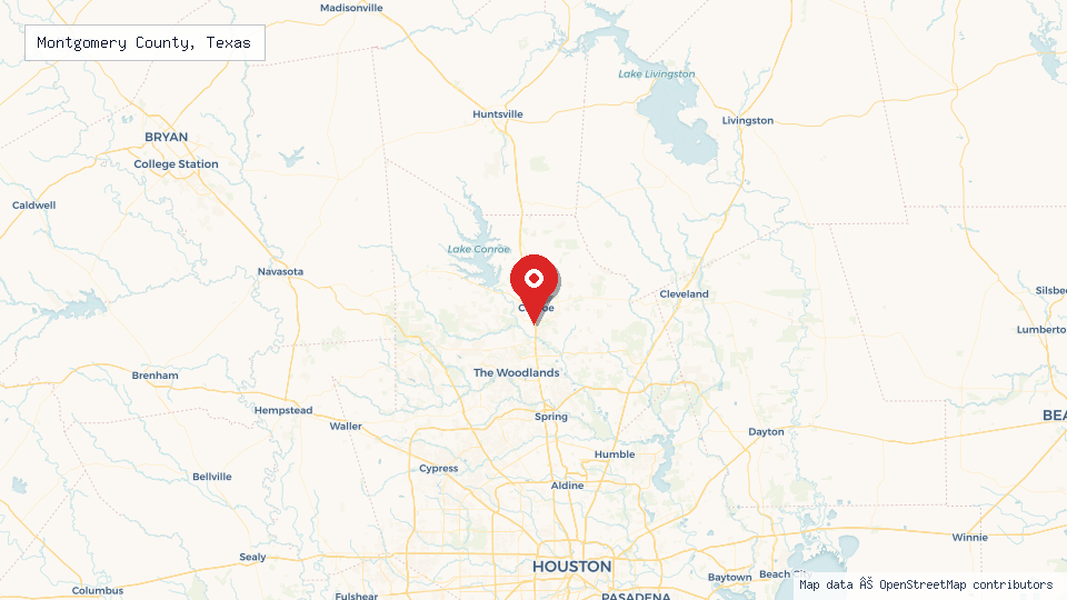 Street map of Montgomery County, Texas with location pin