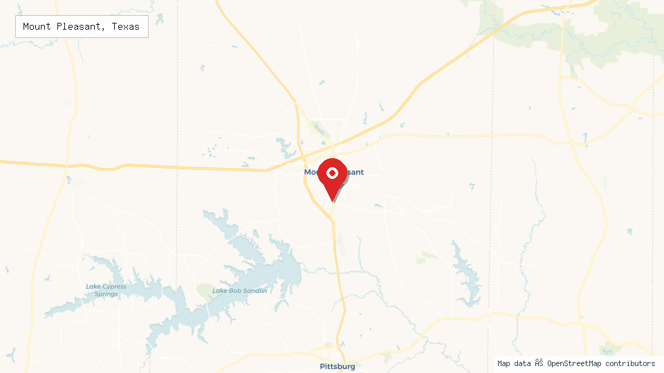 Street map of Mount Pleasant, Texas with location pin