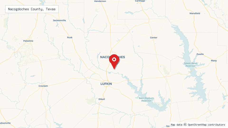 Street map of Nacogdoches County, Texas with location pin