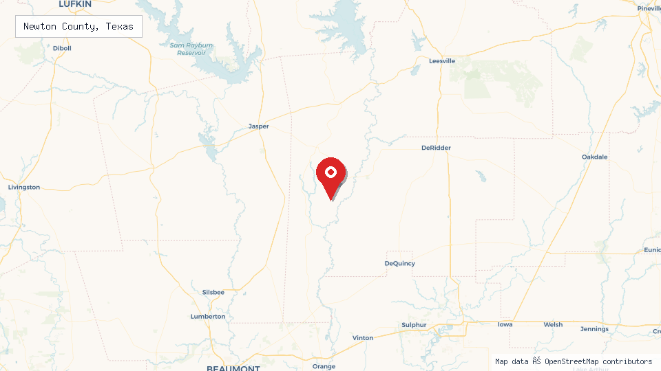 Street map of Newton County, Texas with location pin