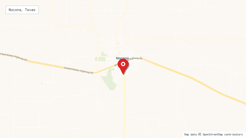Street map of Nocona, Texas with location pin