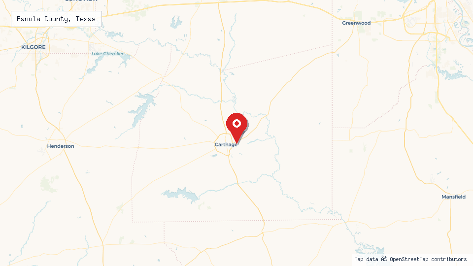 Street map of Panola County, Texas with location pin