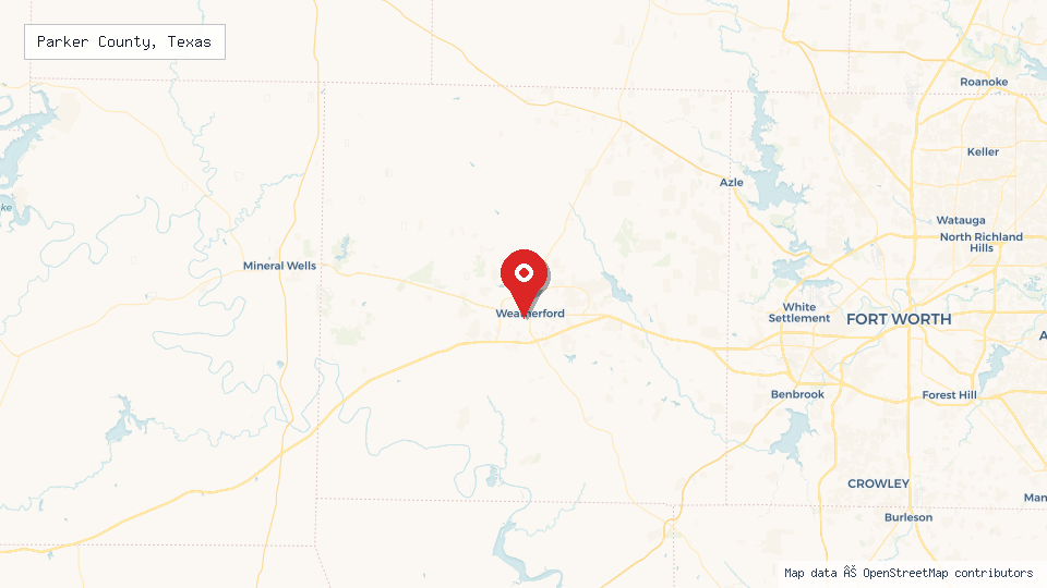 Street map of Parker County, Texas with location pin