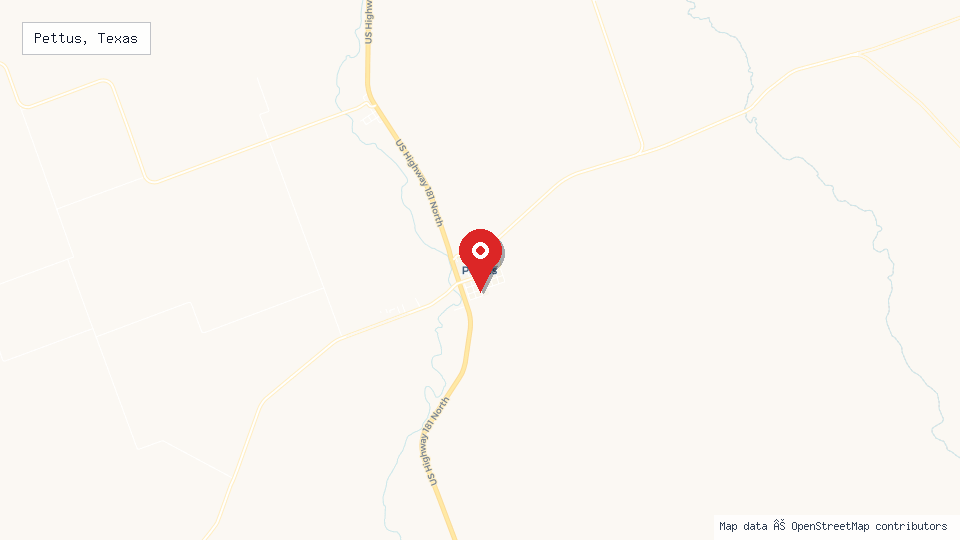 Street map of Pettus, Texas with location pin