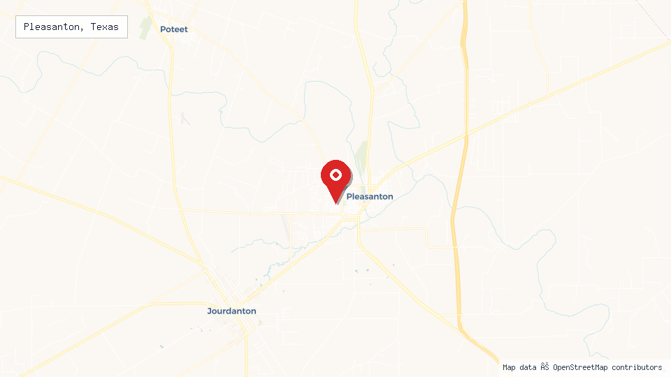Street map of Pleasanton, Texas with location pin