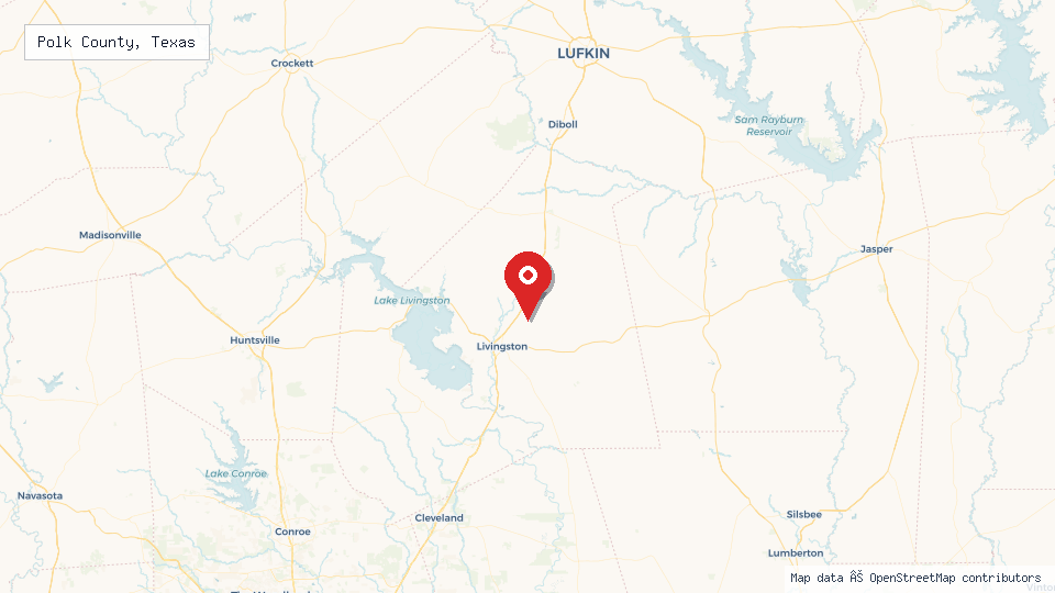Street map of Polk County, Texas with location pin