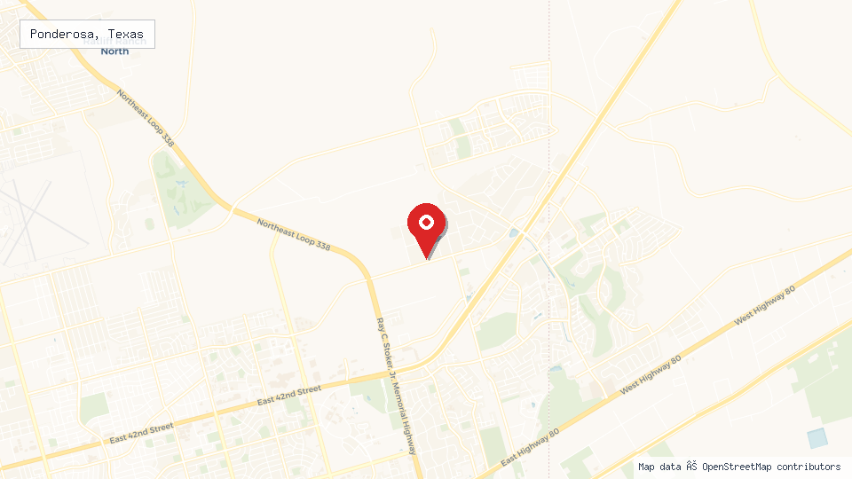 Street map of Ponderosa, Texas with location pin