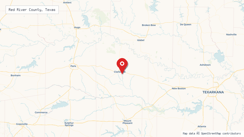 Street map of Red River County, Texas with location pin