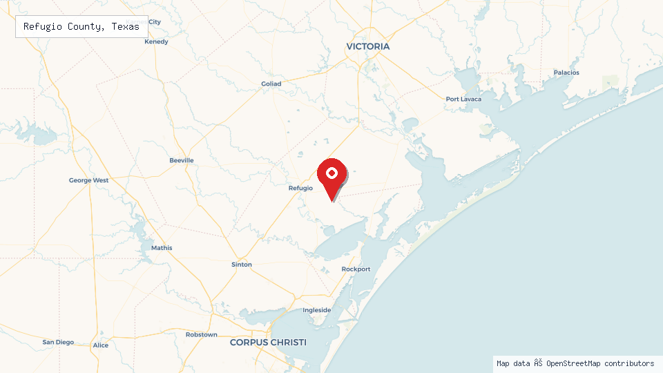 Street map of Refugio County, Texas with location pin