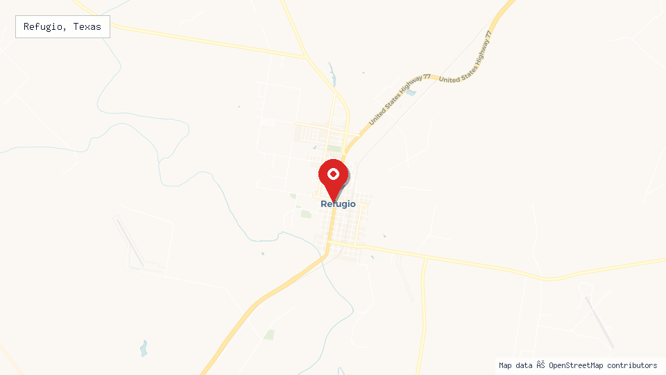 Street map of Refugio, Texas with location pin
