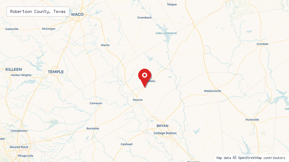 Street map of Robertson County, Texas with location pin