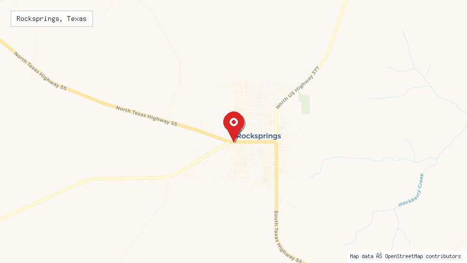 Street map of Rocksprings, Texas with location pin
