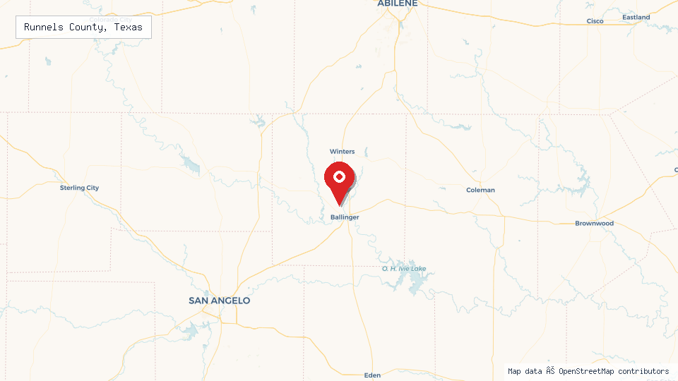 Street map of Runnels County, Texas with location pin