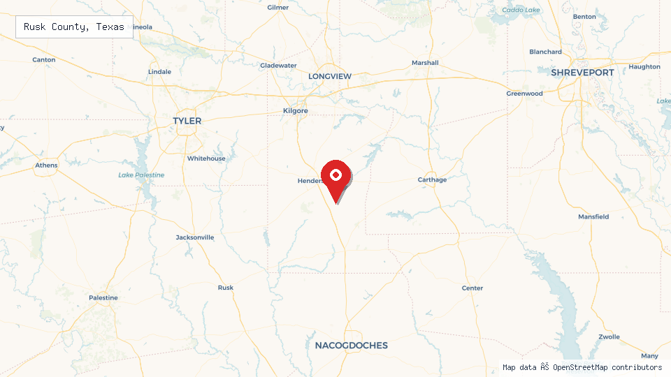 Street map of Rusk County, Texas with location pin