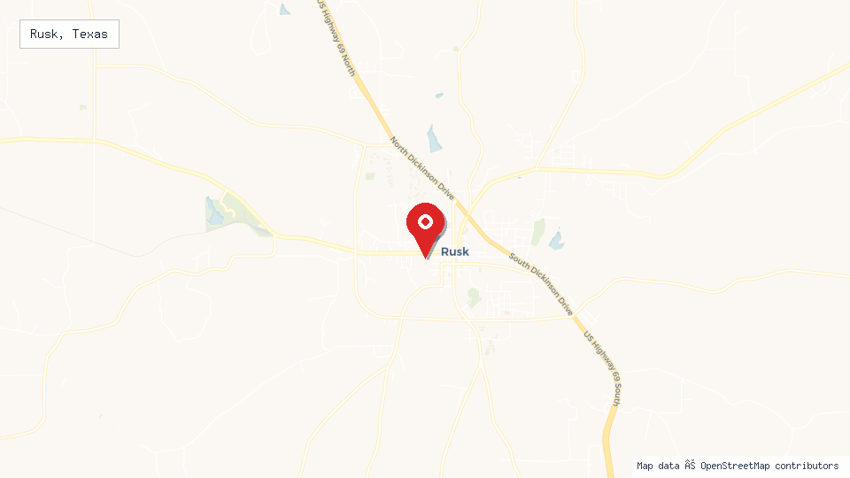 Street map of Rusk, Texas with location pin